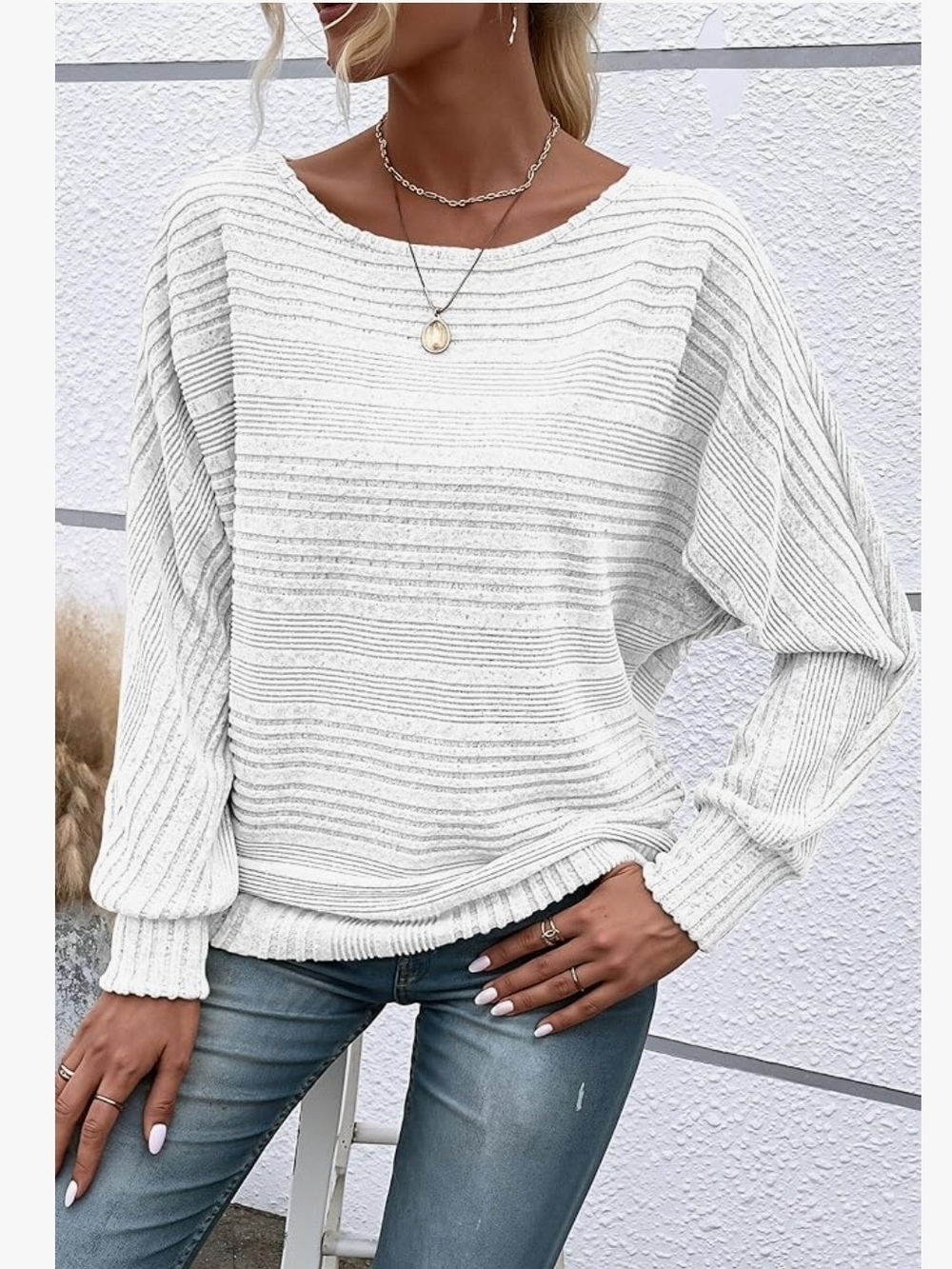 Richstory Women's White Striped Knit Pullover Sweater Long Sleeve XL